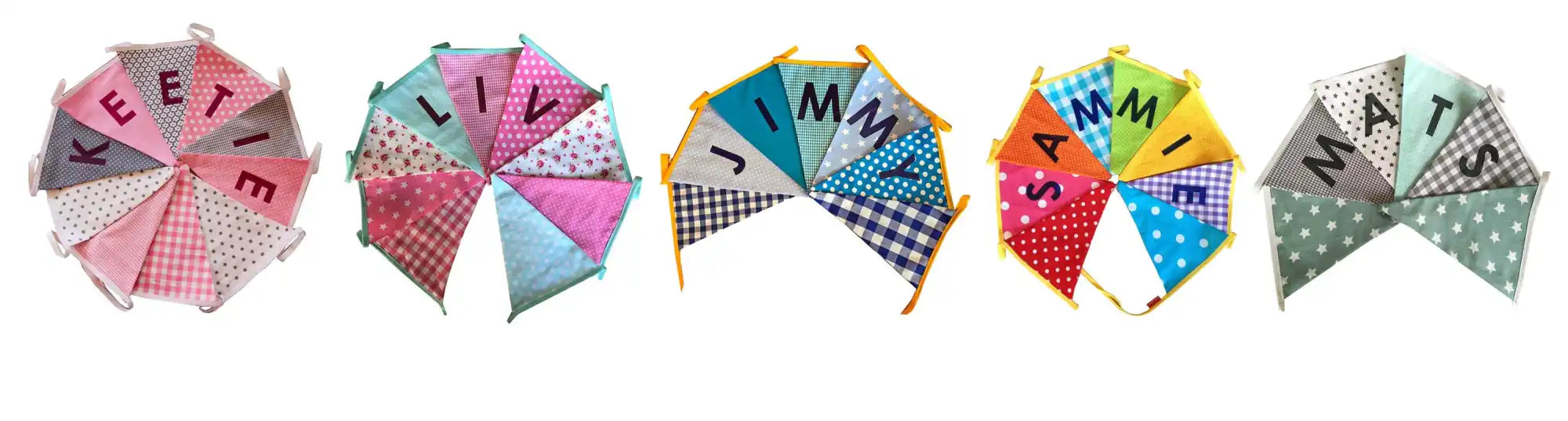 Vijf kleurrijke stoffen vlaggenlijn banners.