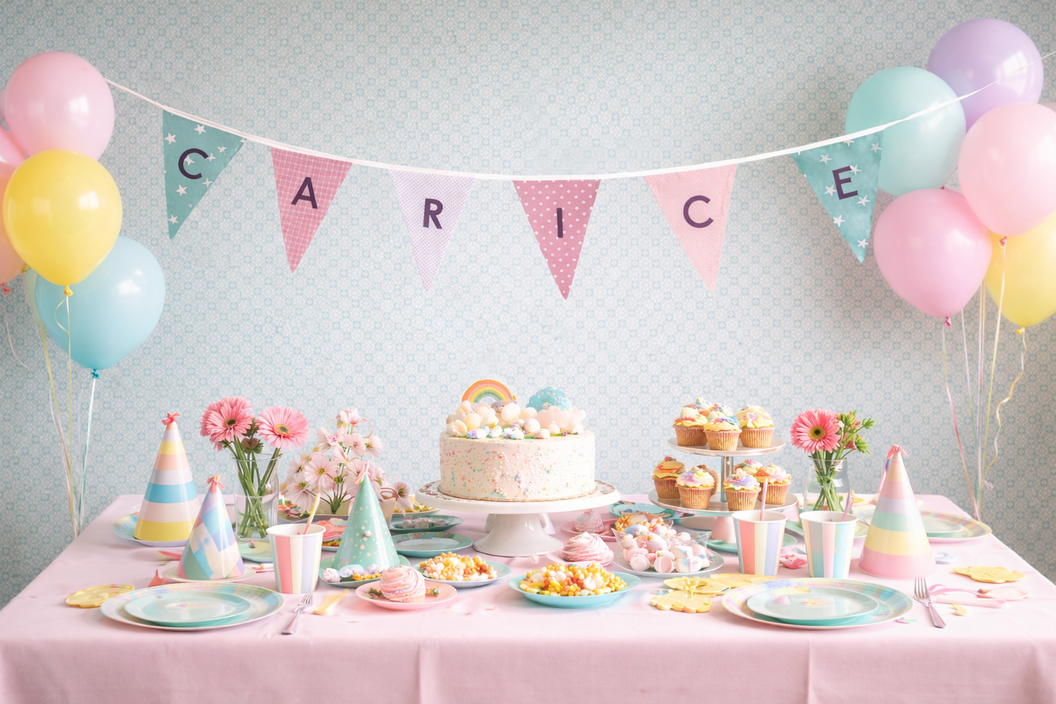 Vlaggetjes met naam: ontwerp Puck poedergroen lichtroze