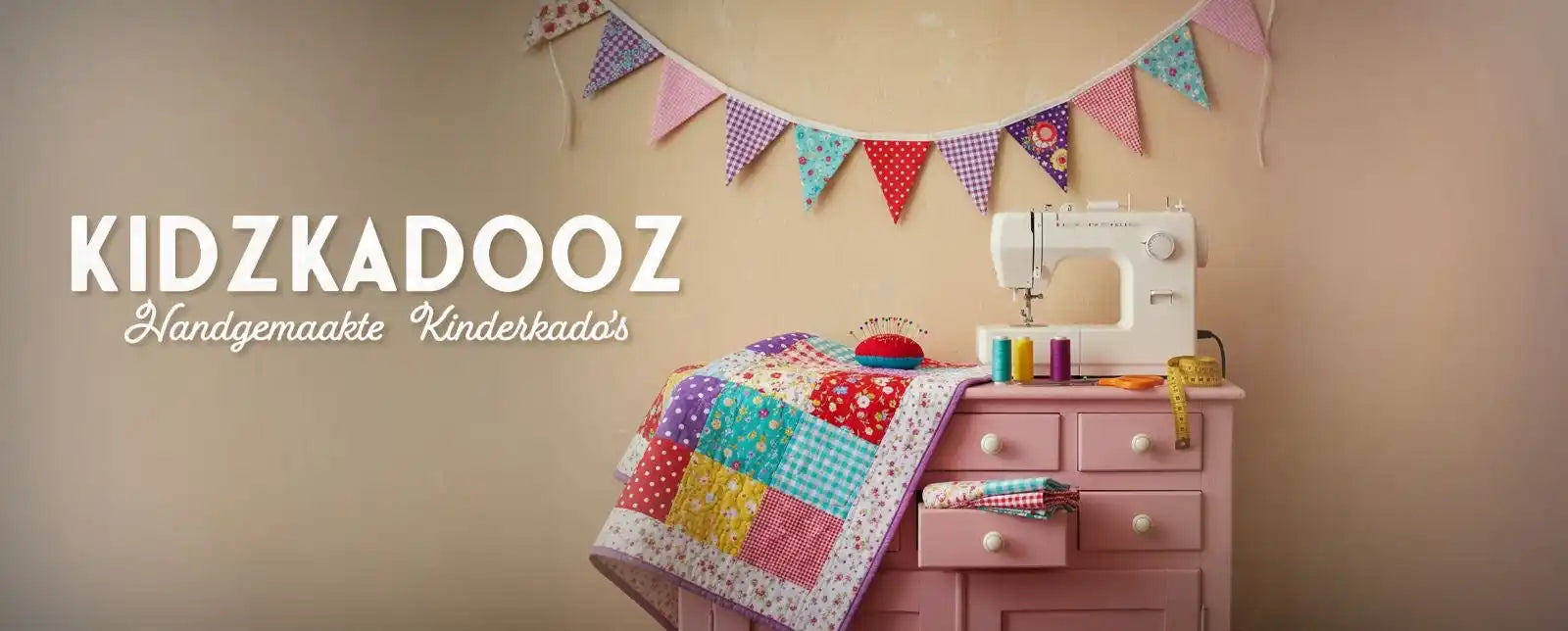 Een naaimachine op een roze dressoir met een kleurrijk quilt.