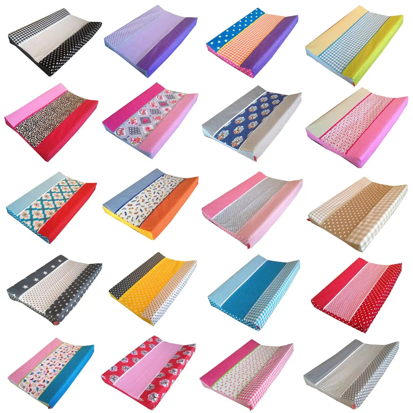 Een raster van kleurrijke, afgewerkte baby verschoningsmatten met gebogen randen.