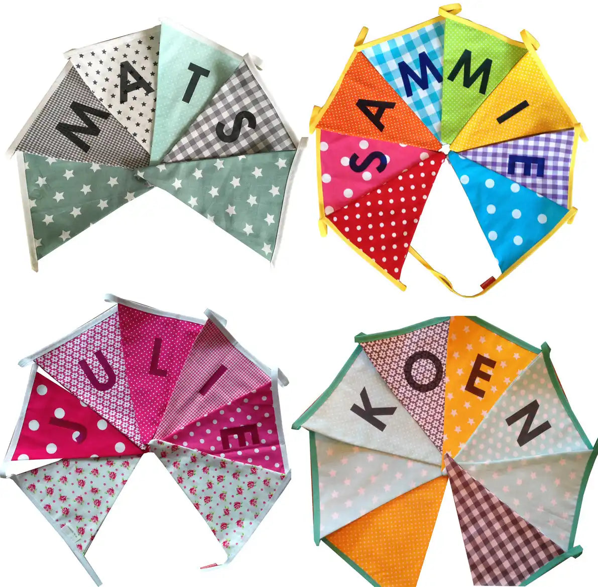 Vier gepersonaliseerde stoffen vlaggenlijnen.