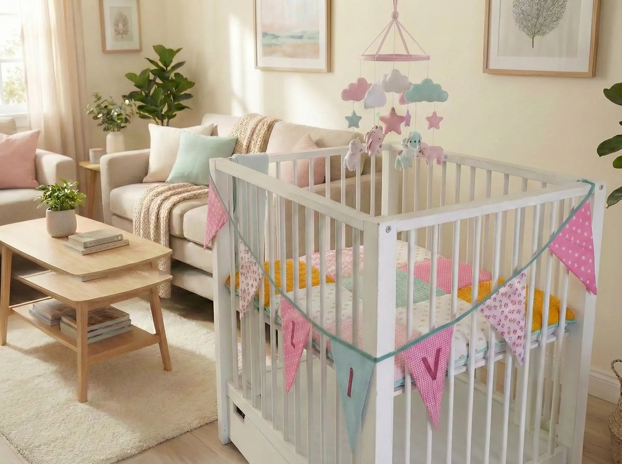 Witte houten baby-ledikant met een quilt in pastelkleuren en een decoratieve banier die over de bovenkant hangt